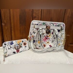 Dasein White Floral Satchel Handbag Set w/ Matching Wallet- NWT
